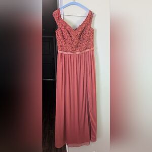 David's Bridal lace top off shoulder bridesmaid dress - cinnamon